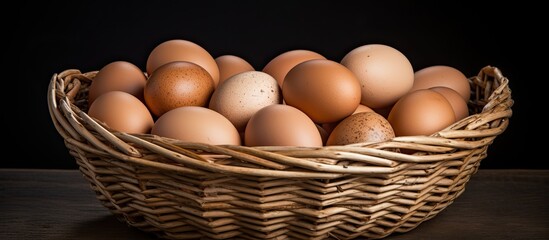 Poster - A copy space image of brown basket filled with freshly laid organic chicken eggs