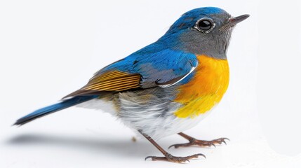 Poster - A vibrant blue and yellow bird standing on a clean white surface. Ideal for nature and wildlife themes