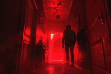 Poster - A person standing in a hallway with a red light. Suitable for mystery or horror themes