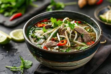 Wall Mural - Authentic Vietnamese Pho with herbs beef noodles chili sprouts Vietnamese and Asian cuisine