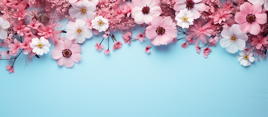 Aufkleber - A flat lay copy space image featuring a pastel blue background adorned with a captivating arrangement of pink flowers seen from a top view