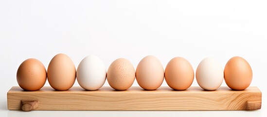 Aufkleber - A wooden plate on a white background holds fresh eggs and their empty shells creating a visually pleasing copy space image