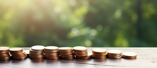 Poster - Coins arranged as payment stacked on an empty white table with a blurred nature abstract background Copy space image