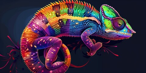 Poster - A vibrant chameleon perched on a dark background. Perfect for nature and animal themed designs