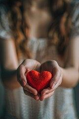 Leinwandbilder - A woman holding a red heart in her hands. Perfect for Valentine's Day promotions