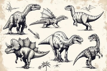 Poster - A variety of dinosaur figures captured in different poses. Ideal for educational materials or dinosaur enthusiasts