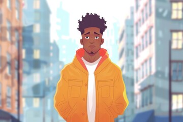 Poster - A man in a yellow jacket standing in front of a tall building. Suitable for urban and architectural themes