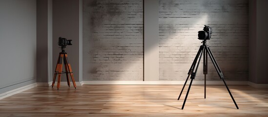 Aufkleber - In a contemporary photo studio a tripod mounted professional camera captures images with a copy space for creative compositions