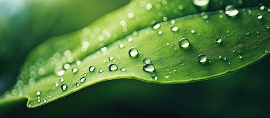 Aufkleber - A green leaf adorned with glistening water droplets creating a captivating copy space image