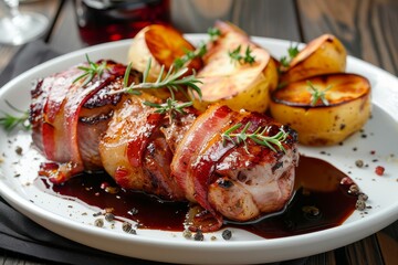 Wall Mural - Bacon wrapped meat with potato and sauce on a white plate on wooden table