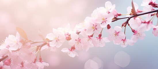 Poster - Soft pastel toned card featuring a beautiful springtime cherry blossom with bokeh background for copy space image