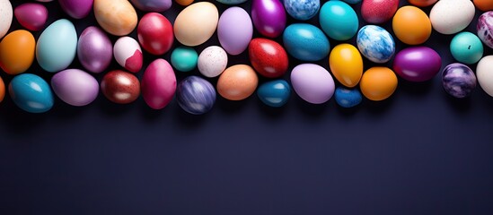 Sticker - Colorful Easter eggs arranged in a flat lay composition on a background with enough space for text. Creative banner. Copyspace image