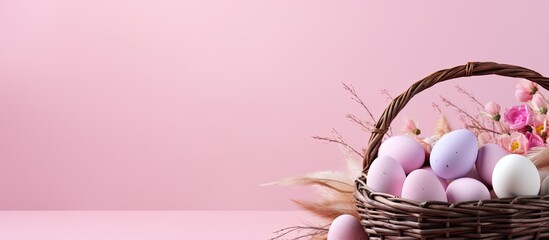Poster - A pink background with Easter eggs arranged in a wicker basket and a blank paper for the greeting Easter card providing copy space image
