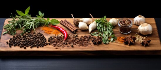 Poster - Copy space image of delectable food and spices on a white background showcased on a wooden cutting board