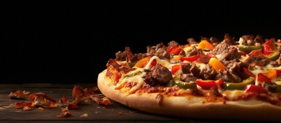 Poster - A delicious pizza covered with flavorful peppers gooey cheese and juicy slices of beef. Creative banner. Copyspace image