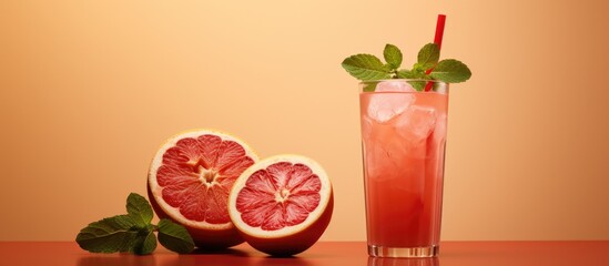 Poster - Beige background with a red refreshing drink featuring ice grapefruit and mint Copy space for text or design
