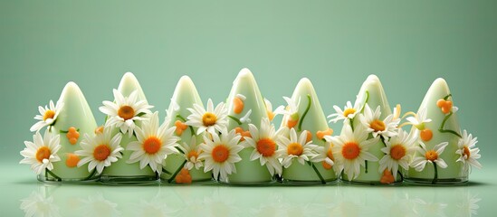 Poster - A festive copy space image of Easter themed candy corn arranged in vibrant flower patterns against a backdrop of light green