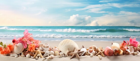Wall Mural - A picturesque summer vacation scene with beach accessories sea shells and flowers artistically arranged on paper for a copy space image