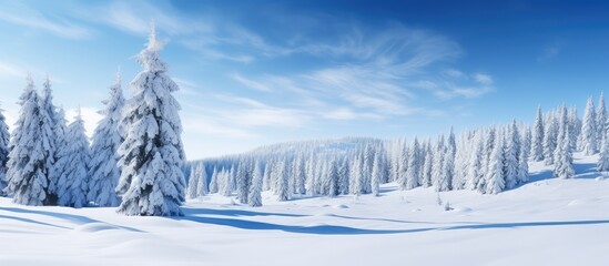 Fototapete - A picturesque winter forest with snow covered pine trees and a clear blue sky offering a beautiful copy space image