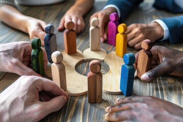 Poster - A diverse group of individuals gathered around a wooden table. Ideal for business meetings or casual gatherings