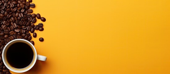 Aufkleber - Top view of aromatic coffee in a cup placed on a yellow background with ample space for text in the image