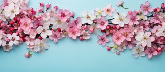 Poster - A flat lay copy space image featuring a pastel blue background adorned with a captivating arrangement of pink flowers seen from a top view