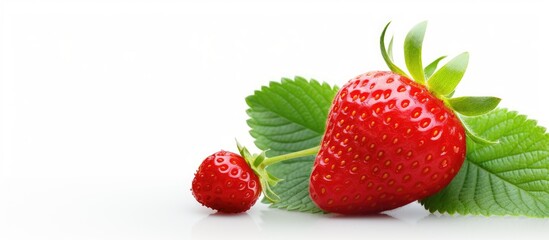 Leinwandbilder - A ripe strawberry with mint leaves and red pepper presented as a copy space image stands alone against a white background