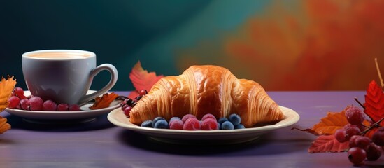 Leinwandbilder - The copy space image shows a vibrant croissant adorned with berries resting on a colorful plate next to a steaming cup of coffee