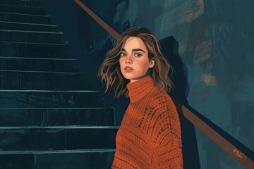 Sticker - A realistic painting of a woman wearing an orange sweater. Suitable for interior decor or fashion design projects