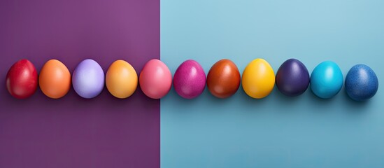 Poster - Colorful Easter eggs arranged in a flat lay composition on a background with enough space for text. Creative banner. Copyspace image