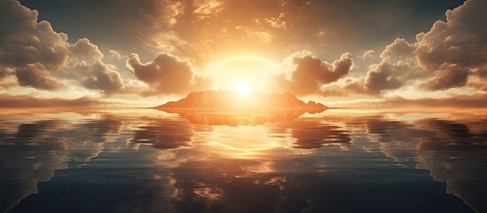 Poster - A stunning wallpaper featuring a serene image of the sun s reflection on a water pool surrounded by clouds Perfect as a copy space image