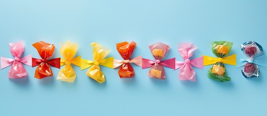 Poster - Top view of colorful candies wrapped in vibrant wrappers set against a light blue backdrop Ample copy space available for text