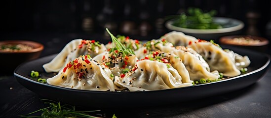 Poster - Side view close up of dumplings seasoned with pepper salt herbs and microgreens served on a gray concrete background Copy space image