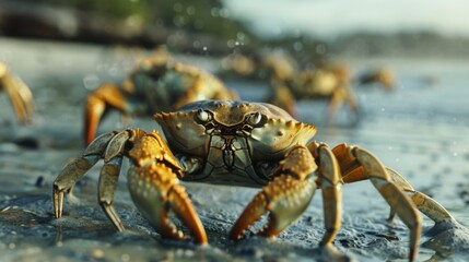 Poster - A close up of a crab on a sandy beach. Suitable for nature and wildlife themes