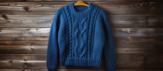 Poster - A cozy blue sweater showcased against a rustic wooden backdrop leaving ample room for additional images or text