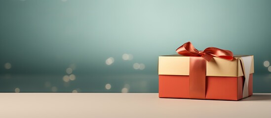 Poster - A gift box in beige with an open lid placed on a background of complementary colors with copy space image