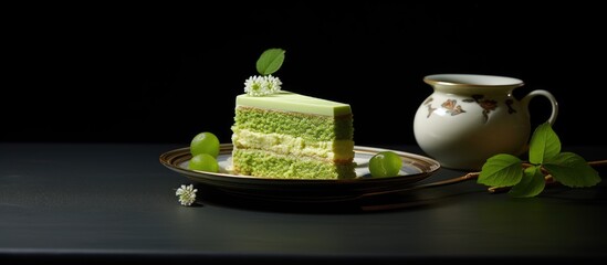 Poster - Indulging in cake and green tea is a timeless and sophisticated pleasure. Creative banner. Copyspace image