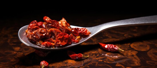 Poster - A food oriented background featuring dried hot peppers on a spoon with ample space for text or other images