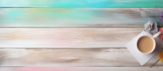 Poster - Copy space image featuring a white wood background adorned with pastel colored chalk coffee and a blank white paper