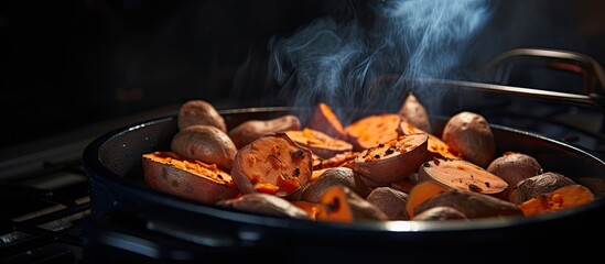 Aufkleber - A copy space image shows a burnt sweet potato in an electric stove