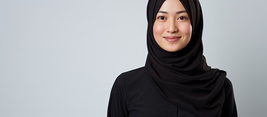 Wall Mural - A middle aged Asian woman in a black hijab and casual shirt is posing for the camera on a white background creating a copy space image
