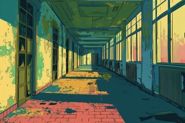 Poster - A long hallway with a distinctive red brick floor, suitable for interior design concepts