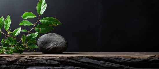 Aufkleber - On a wooden background there is a copy space image featuring a black stone and a branch with green plants