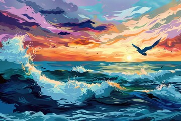 Poster - A beautiful painting capturing a sunset over the ocean. Ideal for adding a calming touch to any space