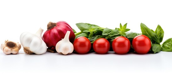 Poster - A copy space image featuring vibrant basil fresh garlic ripe tomatoes and spicy chili pepper set against a pristine white background