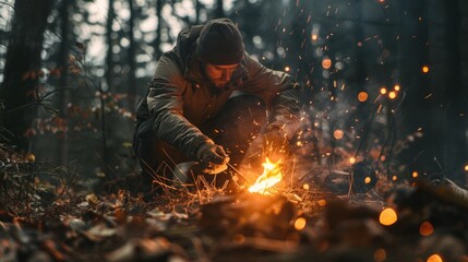 Sticker - A man in a hooded jacket lighting a fire in the woods. Ideal for outdoor and survival themes