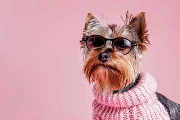 Aufkleber - Adorable small dog wearing a pink sweater and glasses, suitable for pet fashion concepts