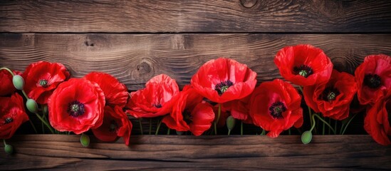Aufkleber - A copy space image of poppy flowers boasting enchanting petals on a rustic wooden backdrop