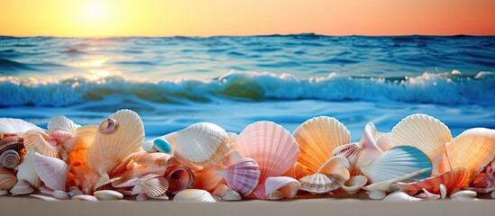 Poster - Sea shells on a colorful sea wave backdrop Perfect for summer vacation themes Ideal for adding text Copy space image