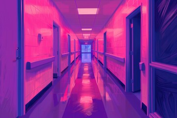 Aufkleber - A mysterious red light illuminating a long hallway. Suitable for horror or suspense themes